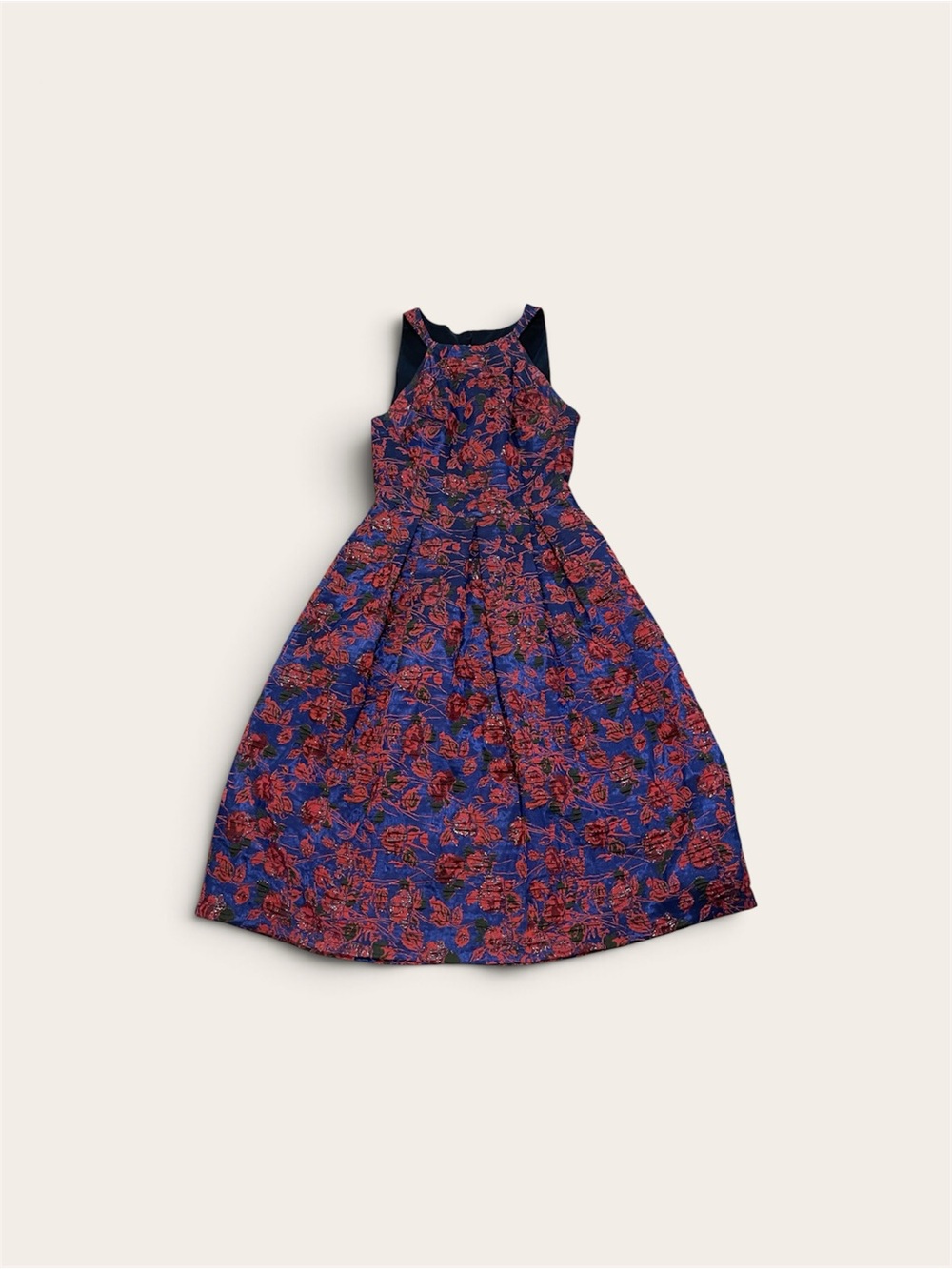 Eva Franco Navy Blue Floral Halter Party Dress with Red Blooms